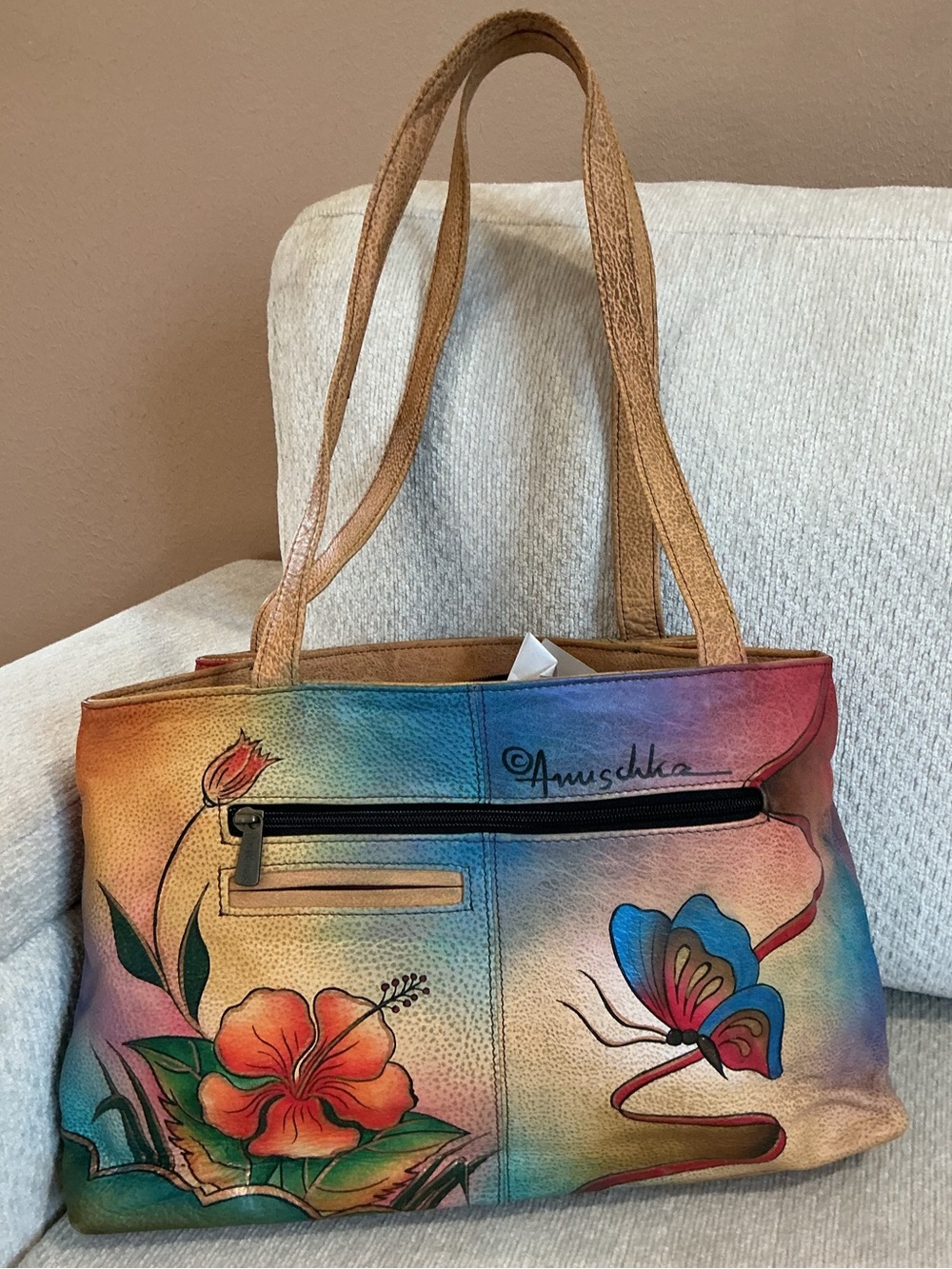 Anuschka Hand-Painted Leather Tote Shoulder Bag - Hibiscus Butterfly